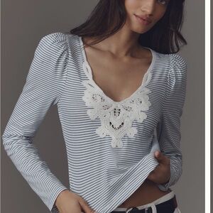 Maeve Striped Long Sleeve Top with Lace Detail